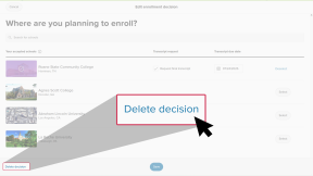 A student's "Edit enrollment decision" page. A college is selected and the cursor is clicking "Delete decision"